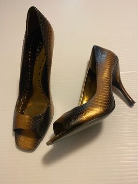 BCBGirls Metallic Bronze Snakeskin Peep-Toe Heels